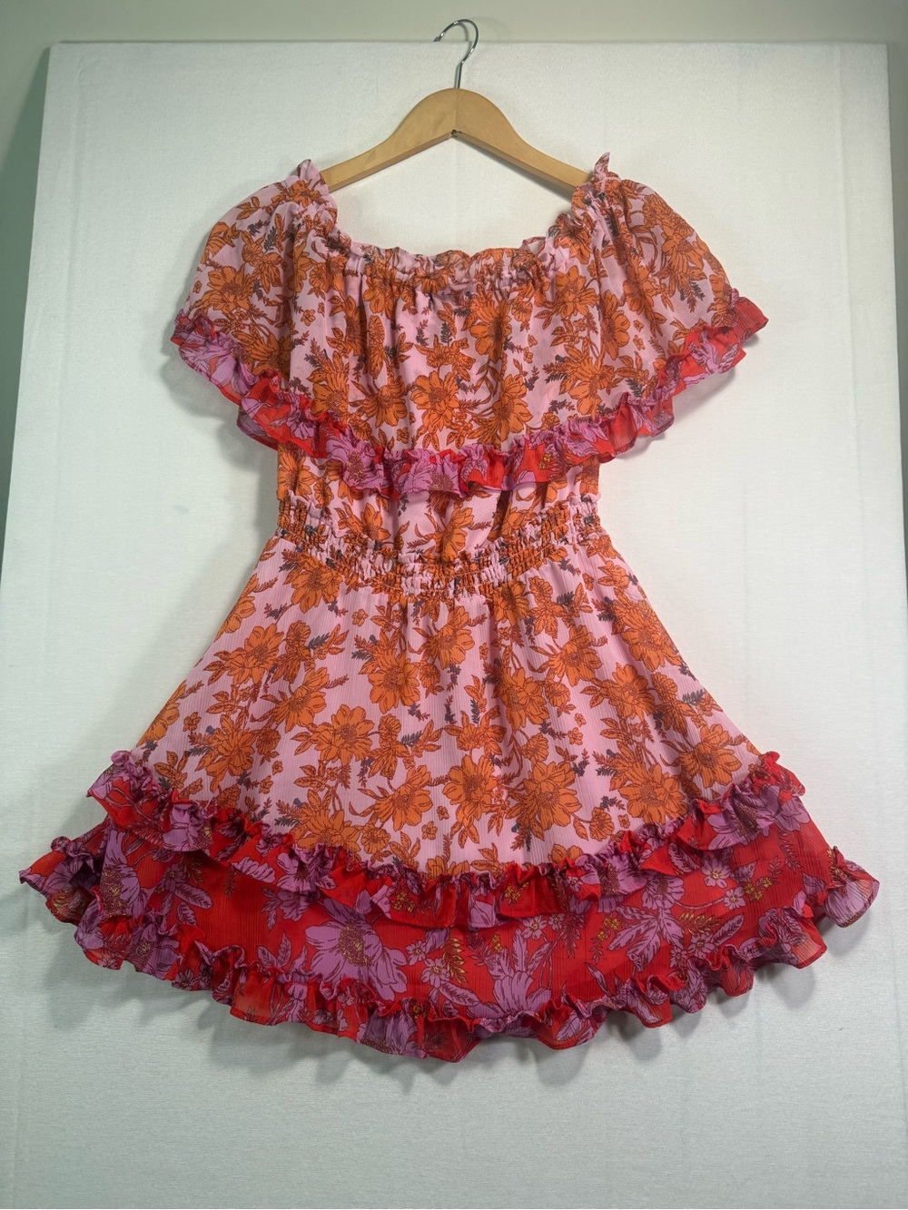 Women's Pink and Orange Floral Off-Shoulder Ruffle Dress